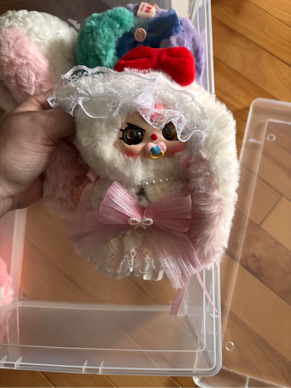 Fluffy Pink Plush Bunny Ear Headband with Bow and Lace Accent